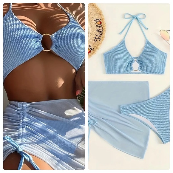 Pretty Woman Boutique Other - 3pc Blue Halter High Cut Bottom Bikini Set with Cover Up